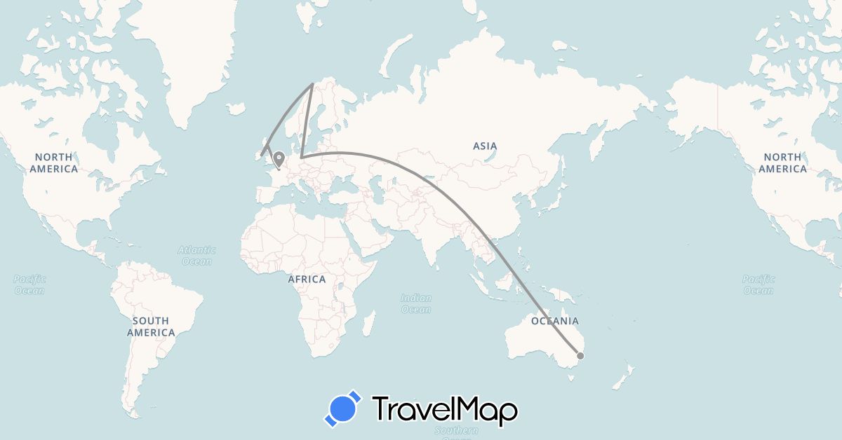 TravelMap itinerary: driving, plane in Australia, Germany, France, United Kingdom, Ireland, Norway (Europe, Oceania)